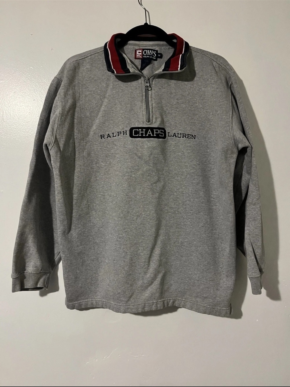 VTG Chaps Gray Quarter-Zip Pullover with Red-Trim Collar